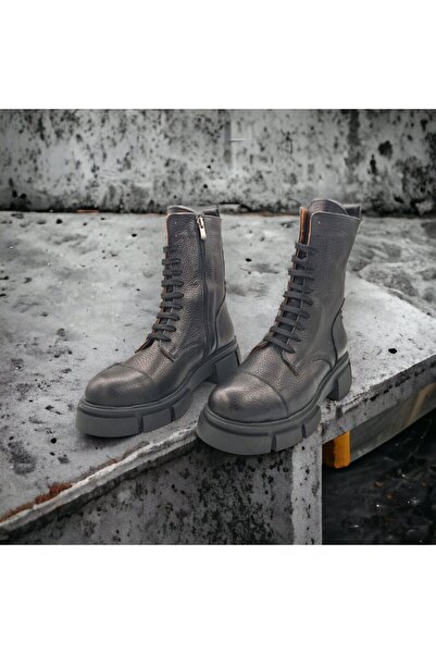 aayak&kabımofficial Siyah Bağcıklı Ve Fermuarlı Kadın Askeri Gerçek Deri Günl...