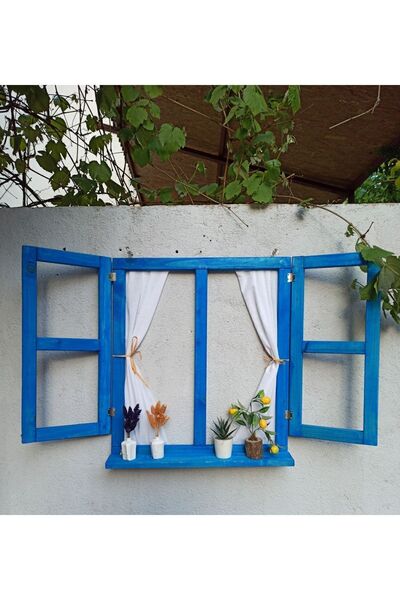 HOHORİ Dekoratif Ahşap Bahçe, Balkon Pencere Panjur Model Saksı Mavi-beyaz