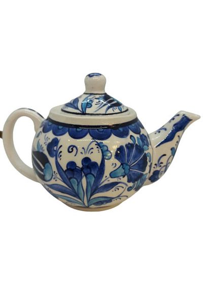 Dost Art Hediyelik Handmade Brush Painting Blue White Carnation Pattern Ceramic Small Teapot Teapot