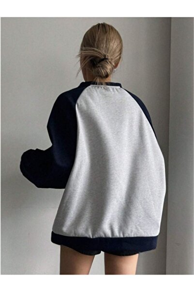 MOONBULL Kadın Oversize Yıldız Baskılı Lacivert Reglan Kollu Gri Sweatshirt