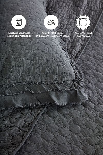 Evlen Home Collection Double Luxury Soft Durable Bedspread - 100% Cotton, Anthracite Dark Gray Stone Wash