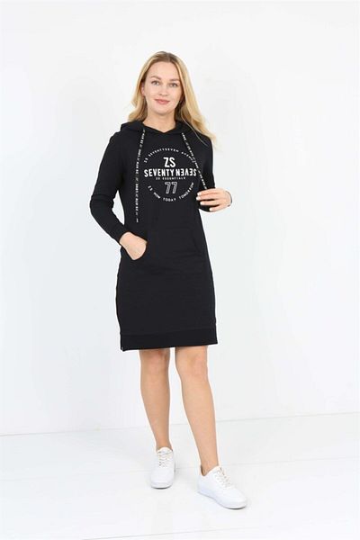 Banadamoda Black Hooded Long Sleeve Printed Kangaroo Pocket Tunic Dress