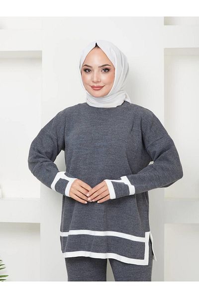 moda periy Σετ Χιτζάμπ Πλεκτό Διπλό Γυναικείο με Σχισμή και Λεπτομέρεια Ρίγας