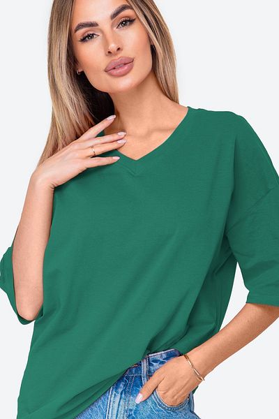 Happy Fox Dámské tričko s výstřihem do V bez potisku Oversize bavlna Lycra - Basic Emerald