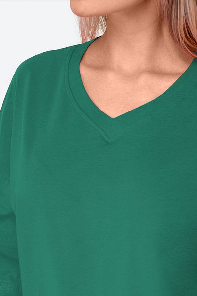 Happy Fox Dámské tričko s výstřihem do V bez potisku Oversize bavlna Lycra - Basic Emerald