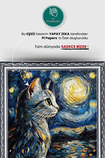 Pi Papers Yıldızlı Gece Kedi Posteri, Akıllı Kağıt Premium Eşsiz Tasarım Poster, Van Gogh Tablo,Duvar Posteri