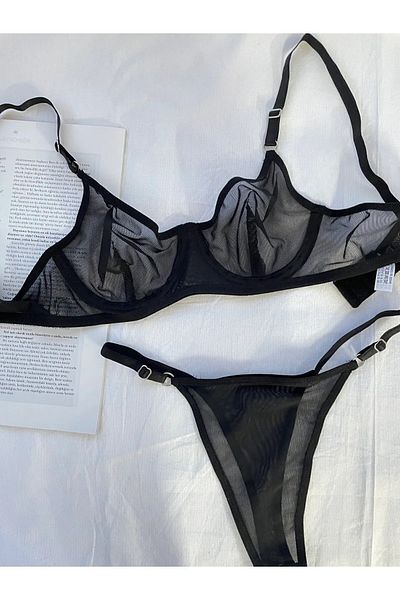 by deka Μαύρο Σετ Bralet Σετ στρινγκ σουτιέν Underwire Διαφανές Δαντελένιο Σετ σουτιέν