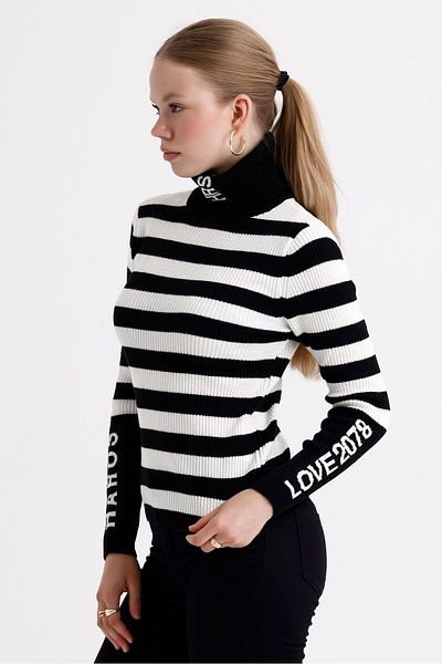 MD trend Pulover din tricot cu nervuri cu gât - dungi și blocuri de culoare