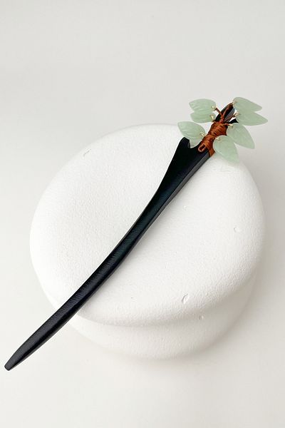Modex Green Leaf Patterned Stick Hair Clip - Wooden Bun (17cm)