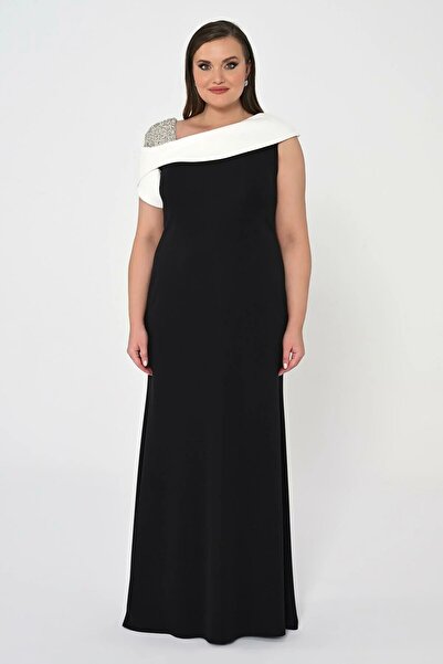 ALFABETA İşlemeli Omuz Saten Yaka Krep Uzun Siyah Beyaz Elbise