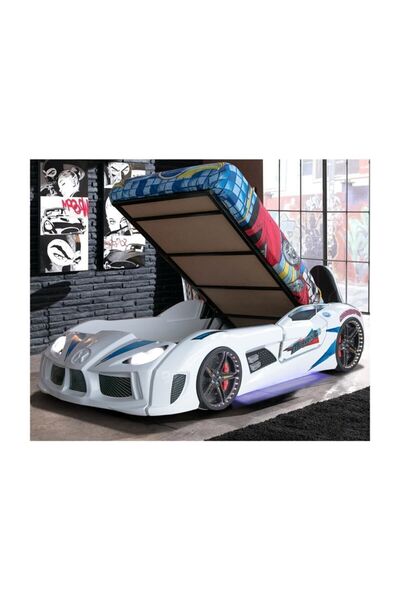 Setay Arabalı Yatak, Audi Bazalı Kapıları Açılabilen Koltuklu Full Ledli Arabalı Yatak - Beyaz