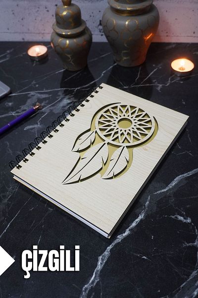 markcat Ριγέ σημειωματάριο με θέμα το Dreamcatcher με ξύλινο εξώφυλλο - Agenda και σχολικό σημειωματάριο (A5 - 120 φύλλα)