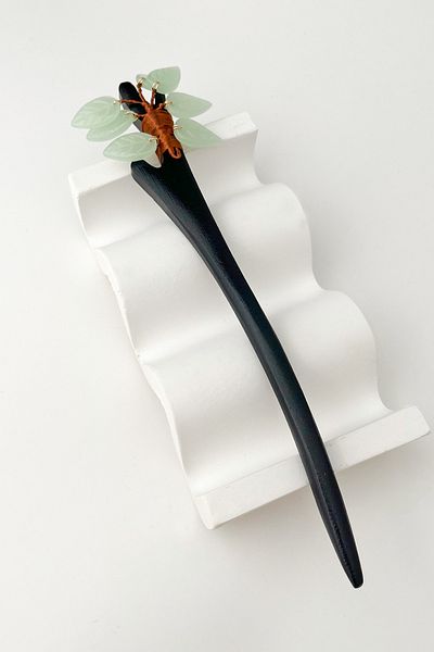 Modex Green Leaf Patterned Stick Hair Clip - Wooden Bun (17cm)