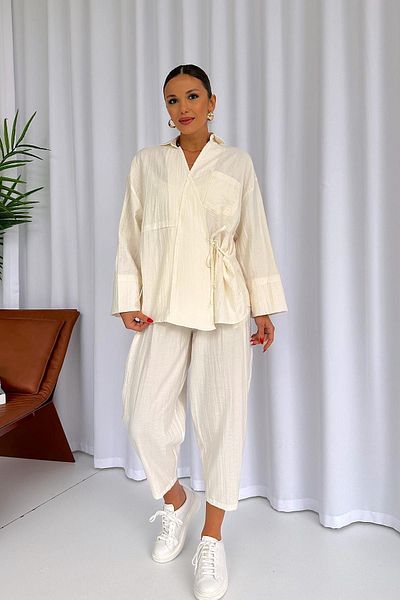 Mine Tan Butik Ecru Cotton Women's Set - Blouse and Trousers Set of 2
