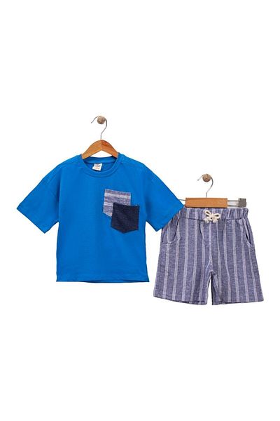 LANUGO Boy's Linen T-Shirt Short - Summer Set with Stripes and Pockets