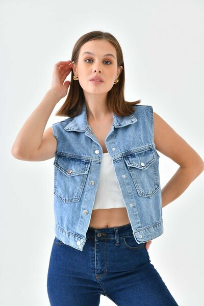 Perryes Indigo Gömlek Yaka Cep Detaylı %100 Pamuk Denim Yelek