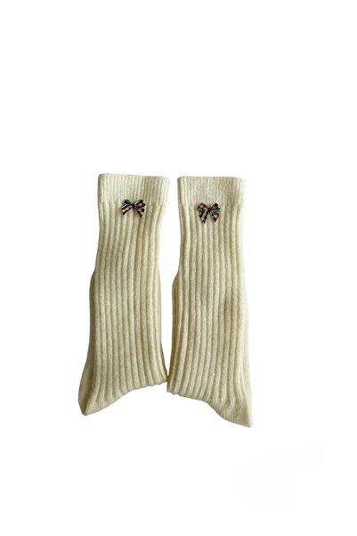 Yonca Butik Yün Kurdele Detaylı Diz Altı Bot Çorabı