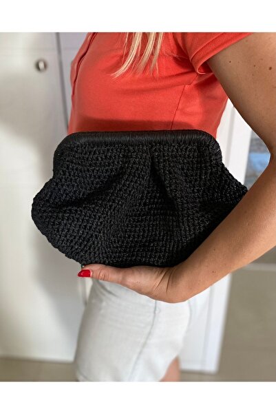 PeriStore Siyah Hasır Portföy El Örmesi Pochetta Çanta 30x20 Cm Handmade