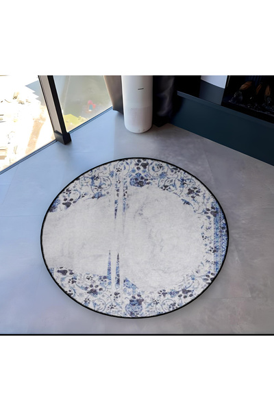 Rugs Modern Halı White Blue Theme Abstract Motif Patterned Round Woven Base V...