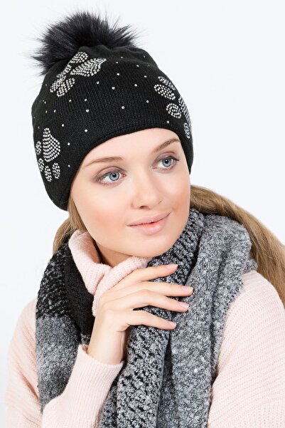 POSUSS Taş Detaylı Ponponlu Kadın Bere Siyah - Ps1177