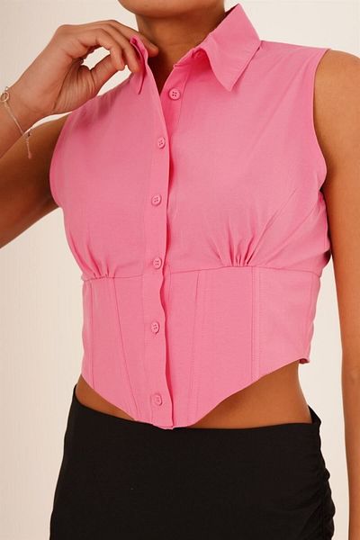 alenmoda Cămașă crop fără mâneci, roz, cu mâneci zero, cu talie, cu corset elastic, din popelin, cu sârmă