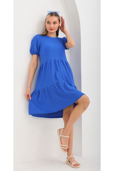 DEVRİMAY TEKSTİL Rochie înfășurată cu mâneci cu balon albastru pentru femei