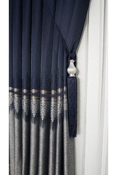 GLOMAR Navy Blue Gray Jacquard Single Wing - 1/3 Close Pleated Panel Background Curtain with Gold Detail