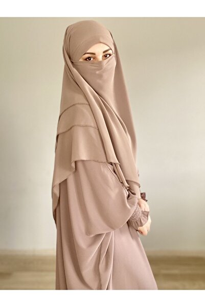MERVERA sufle eşarp khimar tesettür peçeli, üç katlı şifon VİZON