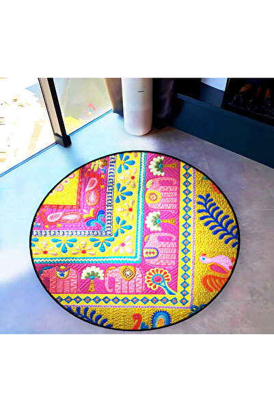 Rugs Modern Halı Mira Round Yellow Pink Ethnic Pattern Elephant Detail Woven ...