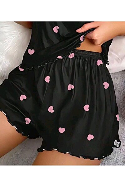 Veille Set cămașă de noapte neagră pentru femei, cămașă de noapte pentru femei cu imprimeu inimă roz, set cu pantaloni scurți sexy, cămașă de noapte fantezie