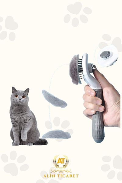 ALİN Automatic Cleaning Buttoned Pet Brush Cat Dog Hair Collector Comb Gray