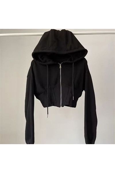 Karakedi Basic Crop Hooded Sweatshirt - Stripe Stitching Detail