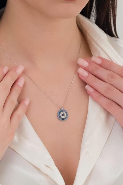 Tmt Silver 15 mm Gümüş Turkuaz ve Zirkon Taşlı Nazar Boncuğu Boncuklu Kolye