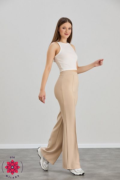 sea milano High Waist and Recovery Beige Modal Trousers Leggings - Flare Leg, Striped
