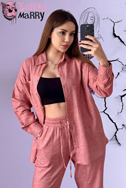 PARLAMARRY Set cămașă și pantaloni pentru femei din in roz - Design cu șnur