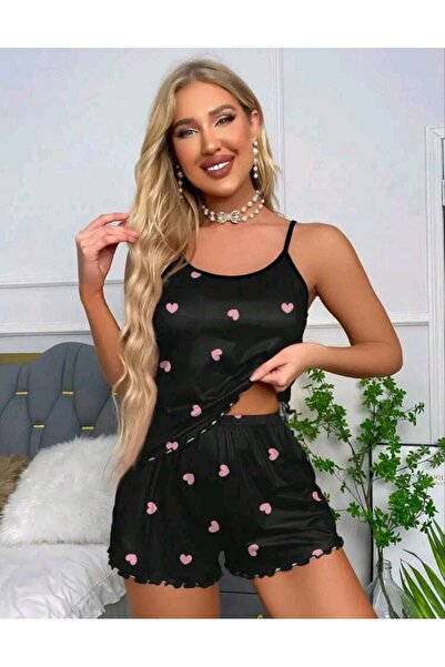 Veille Set cămașă de noapte neagră pentru femei, cămașă de noapte pentru femei cu imprimeu inimă roz, set cu pantaloni scurți sexy, cămașă de noapte fantezie