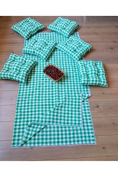 Marin Tasarım Evi Green Large Checkered Picnic Cloth set - 6 Pieces 40x40 Cushion 170x170 TaBle Cloth