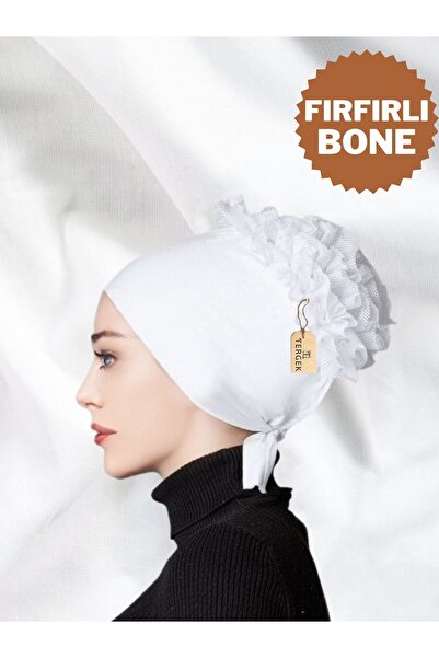 Tergek White Frilly Cotton Combed Cotton - Casual Women's Hijab Headscarf and Ready Turban
