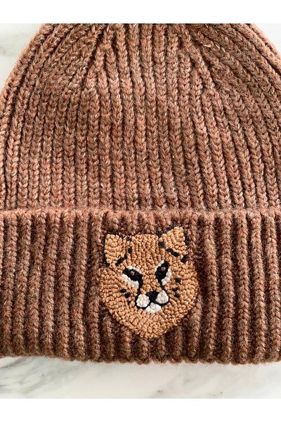 byebruketenci Brown Wool Leopard Beret with Punch Detail