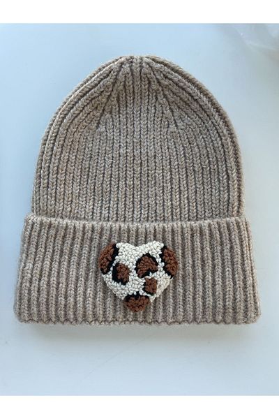 byebruketenci Brown Dark Cream Beret Leopard Heart Punch Detailed Gift Christmas