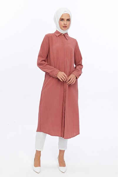 BRN Tesettür Uzun Tunik Elbise | Ferace Tunik - Gül Kurusu