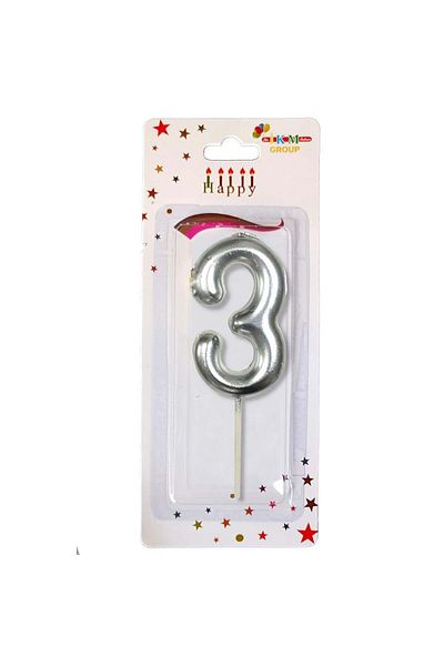 Öz-bal Medium Size 3 Number Silver Colored Candle - 12 Cm Party and Birthday