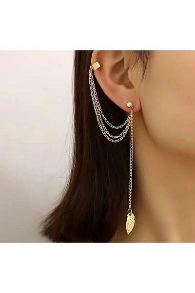 Beyna Gold Long Leaf Tassel Earrings - Long Chain Tassel