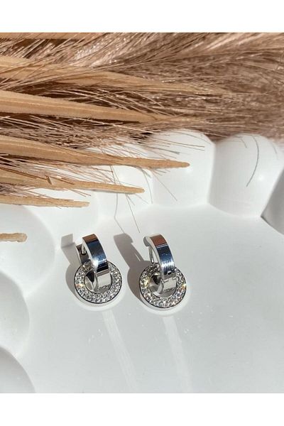 JustGAF Silver Color Zircon Stone Disc 316L Steel Earrings