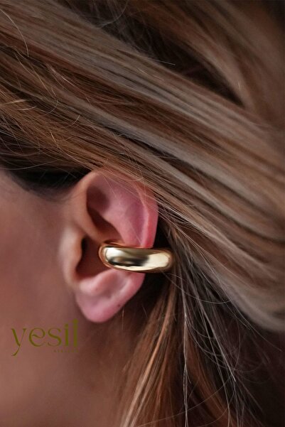Yesil Atelier Kadın Tasarım Büyük Ear cuff Gold ve Gümüş Rekli Çelik Küpe