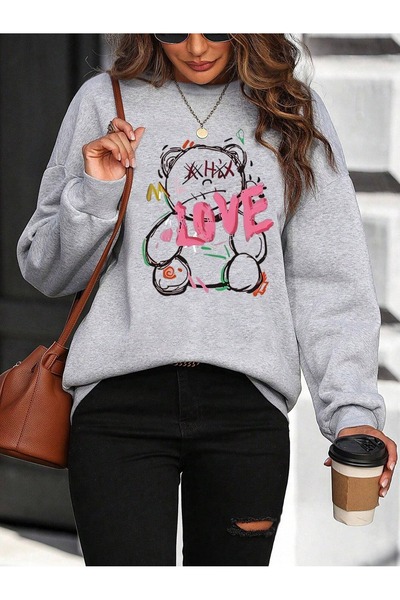 OVER HEAD Sivi ljubavni medvedić Štampano ženska majica - Bisikletyaka