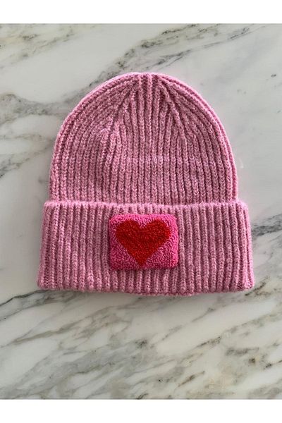 byebruketenci Pink Wool Beret Pink Red Heart Punch Detailed Valentine's Day Gift