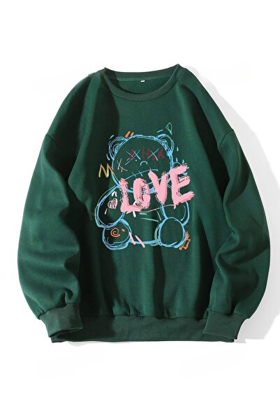 OVER HEAD Дамска блуза с принт Nefti Green Love Bear - велосипедна яка