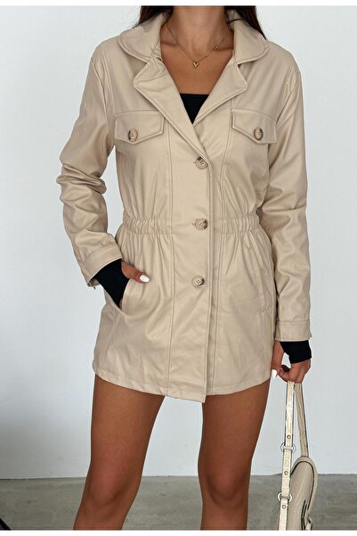diaves Bej Ceket Yaka Düğme Kapama Beli Büzgülü Ara boy Deri Trençkot