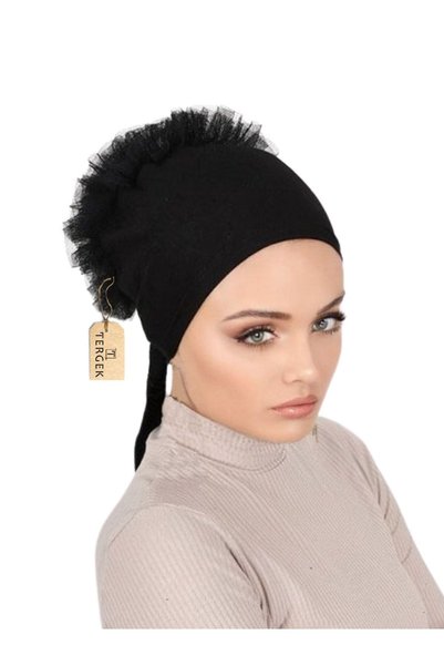 Tergek Turban pentru femei, cu volane, cu cusături în față, din bumbac negru, din țesătură pieptănată, pentru zi cu zi.